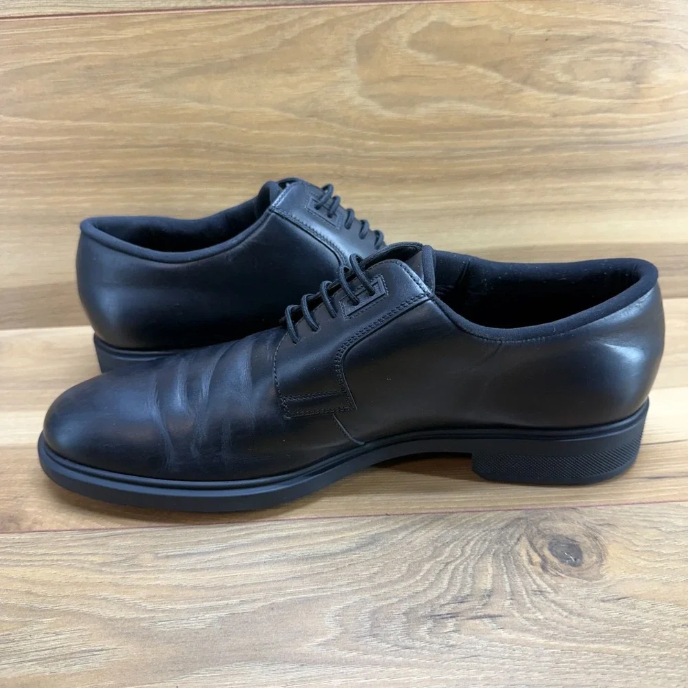 HUGO BOSS Black Leather Oxfords‎ Mens US 9 UK 8 Black Leather Slip On Stretch